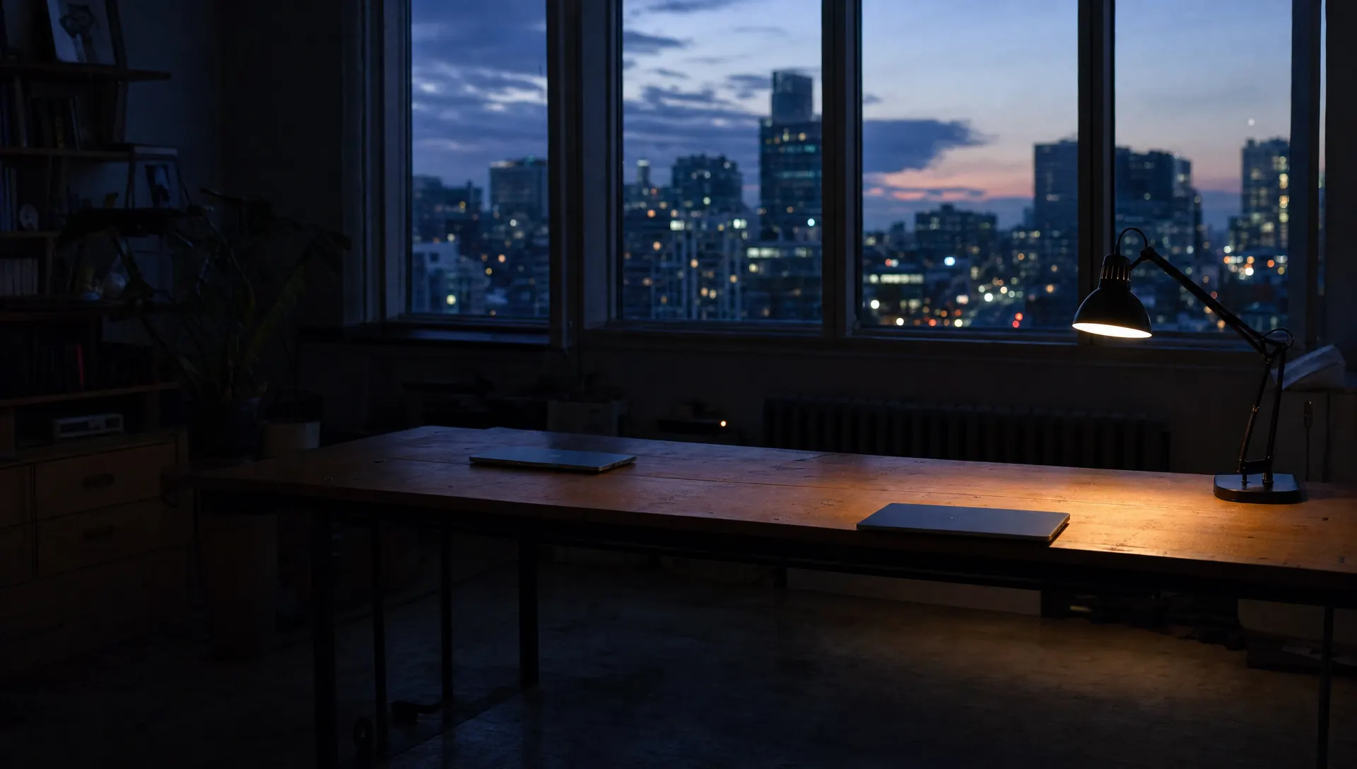An empty studio office at dusk: a long timber desk with two closed laptops under a lit desk lamp, and a city skyline in the window behind.