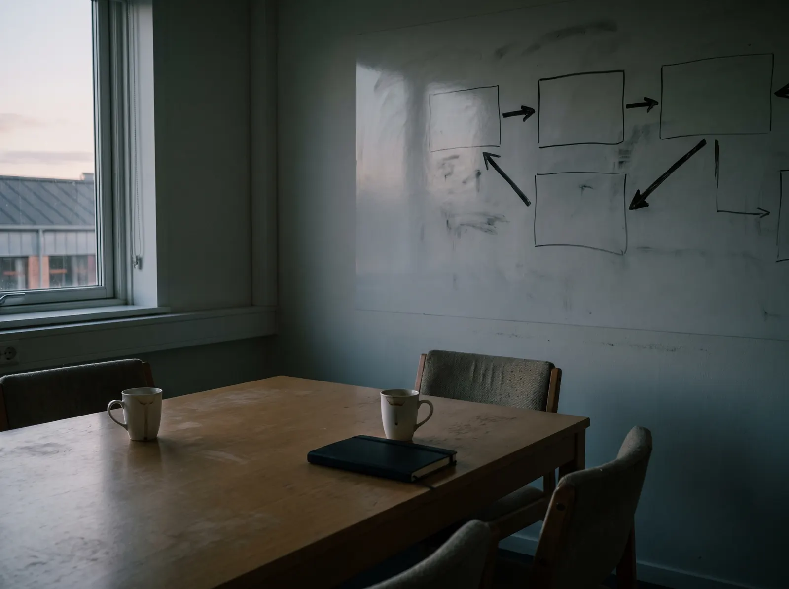 An empty meeting room after a working session: a whiteboard with a hand-drawn diagram of boxes and arrows, and two cups beside a closed notebook on the table.